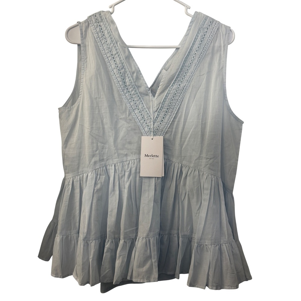 Merlette Senda Top Skye Light Blue Cotton Eyelet Peplum Sleeveless V-Neck M